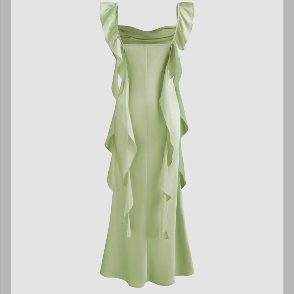 Cider SATIN COWL NECK SOLID RUFFLE HEM MAXI DRESS CC4-8 M - Picture 2 of 4